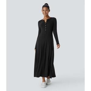 NWT Halara Henley Long Sleeve Flare Maxi Casual Dress Black Size XL